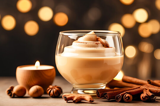 Glass of creamy holiday eggnog or rompope with whipped topping, cinnamon sticks, and nutmeg, surrounded by warm candlelight and festive golden bokeh. Elegant and cozy Christmas drink scene.