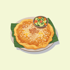 Delicious Banh Xeo Vietnamese Crepe with Fresh Herbs and Dipping Sauce.