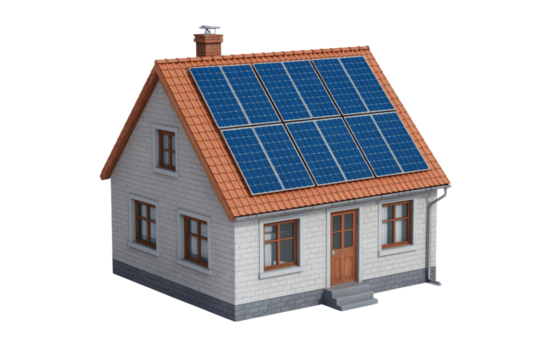 3D rendered white brick house with a red tiled roof, featuring eight blue solar panels, symbolizing sustainable energy and modern living. background removed