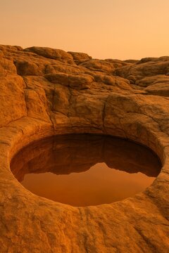 Circular rock pothole filled with water at sunset