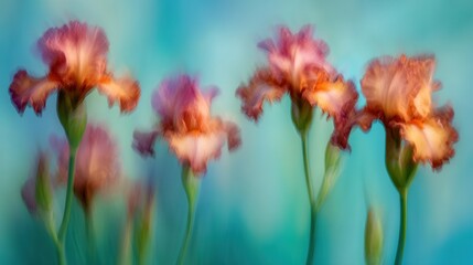 Delicate pink and orange irises are presented against a teal green background in a blurred, out-of-focus style, creating an enchanting and ethereal dreamy effect.