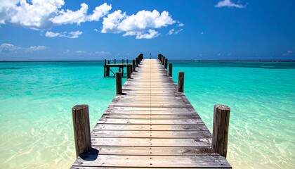 Serene wooden pier stretching into clear turquoise waters on a sunny day