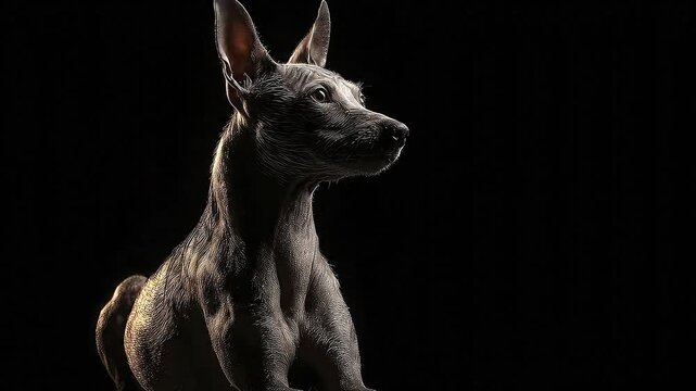 A hairless dog poses in profile against a stark black background