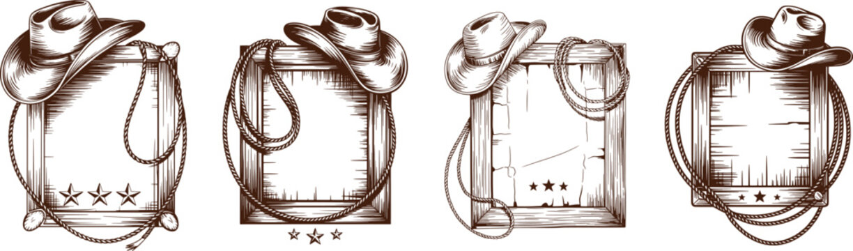 Western frame with cowboy hat and lasso rope, hand-drawn black and white sketch on parchment paper with stars, detailed monochrome vector engraving isolated on white background