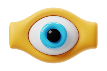 A vibrant 3D rendered eye featuring a bright blue iris and black pupil, encased within a glossy yellow, stylized form. background removed