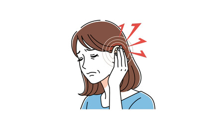 A medical illustration of a woman suffering from tinnitus, experiencing ear pain and ringing sounds