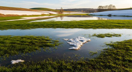 Spring thaw with melting snow and grass