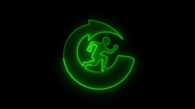 Neon silhouette of a running man inside a circular arrow against a dark background representing progress and continuous improvement
