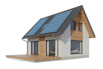 Modern eco-friendly house with solar panels on a gabled roof, featuring white stucco, wooden accents, and a large deck, isolated. background removed