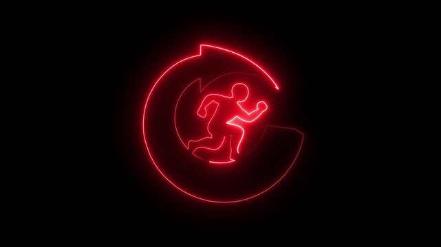 Neon silhouette of a running man inside a circular arrow against a dark background representing progress and continuous improvement
