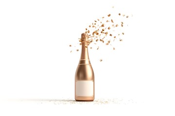 3d champagne bottle popping with golden confetti, isolated white background