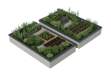 Two modern raised garden beds with diverse plants, a drip irrigation system, and lush greenery for urban or rooftop gardening. background removed