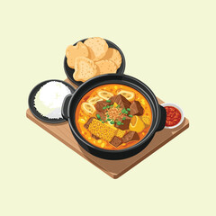 A complete meal of Indonesian Soto Betawi beef soup with rice and crackers.