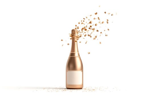 3d champagne bottle popping with golden confetti, isolated white background - Powered by Adobe