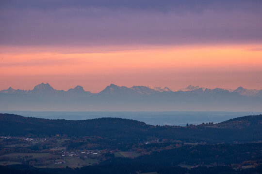Fototapeta German and Austrian Alps (Watzmann, Hochkalter, Grossglockner) from Sumava mountains, 200km away