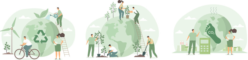 Sustainability and circular economy concept. Green energy use, reduce co2 emission and climate change. ESG, green industry and low carbon vector illustration set