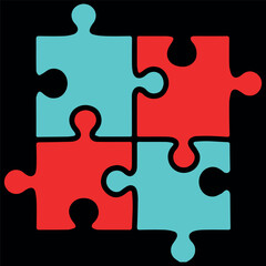 The cubes that make up the four-element puzzle are red and blue. Vector mosaic pattern on a black background.