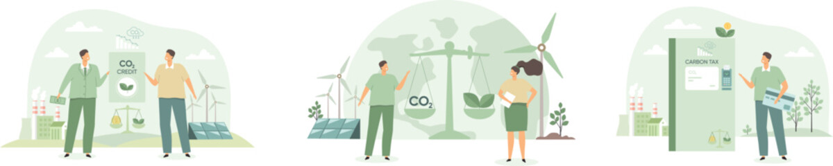 Carbon neutrality and co2 reduction sustainability concept. Green energy use, reduce co2 emission and climate change. ESG, green industry and low carbon vector illustration set
