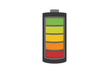 A colorful battery icon displays a full charge level with five segments ranging from green to red, indicating power status. background removed