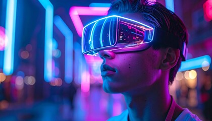 Young person explores virtual reality in a neon-lit environment, experiencing immersive technology during a gaming session