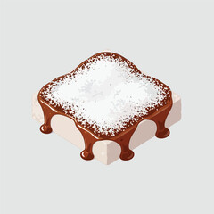 Chocolate dessert with white topping on a white surface.