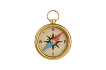 A 3D golden compass with a red and blue needle, showing N, S, E, W. Represents direction, navigation, and guidance. background removed