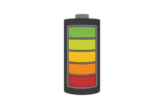 A colorful battery icon displays a full charge level with five segments ranging from green to red, indicating power status. background removed