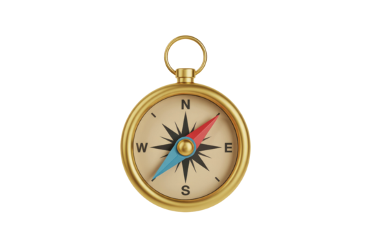 A 3D golden compass with a red and blue needle, showing N, S, E, W. Represents direction, navigation, and guidance. background removed