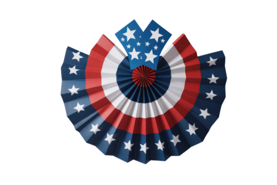 A festive red, white, and blue patriotic paper fan decoration, adorned with white stars, perfect for American celebrations and holidays. background removed