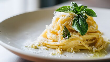 Gourmet Pasta Scene Featuring Basil Leaves and Parmesan Shavings in Minimalist Layout
