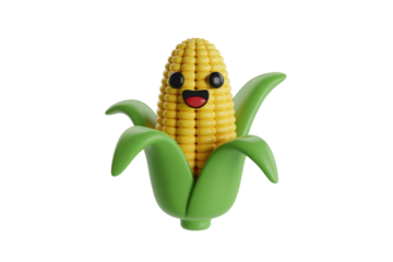 A cheerful, stylized 3D render of a corn on the cob with a happy face, vibrant yellow kernels, and bright green husks. background removed