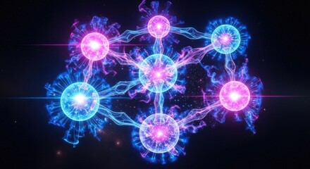 Abstract network of glowing energy spheres in deep space