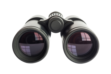 A sturdy pair of black binoculars, perfect for bird watching or distant viewing, presented on a minimalist green backdrop. background removed