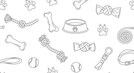 Seamless pattern with dog accessories including bones toys leash and paw prints on a white background