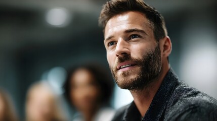 Close up of a professional man with a beard engaged in a business meeting