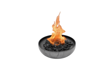 A mesmerizing flame dances above dark charcoal pieces in a rustic, round fire pit bowl, set against a clean background. background removed