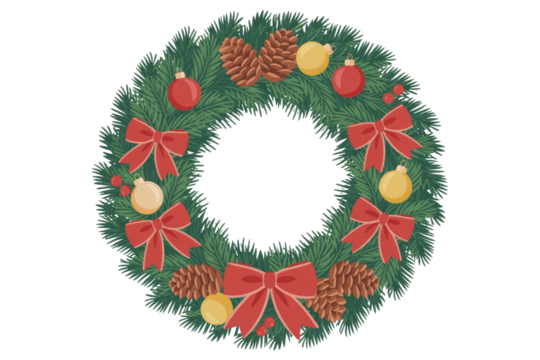 A festive Christmas wreath illustration featuring evergreen branches, red bows, golden and red baubles, pinecones, and holly berries on a solid transparent background. background removed