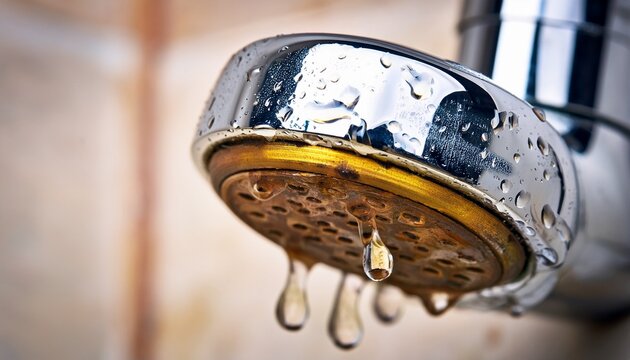 close up of old shower faucet with heavy iron staining limescale buildup yellow plaque water droplets cling to chrome metal unhygienic conditions suggest plumbing maintenance needed water drips
