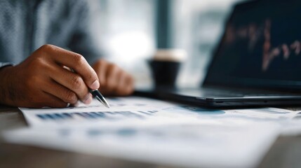 Fototapeta premium Professional analyzing risk and return with financial data and charts in a modern workspace