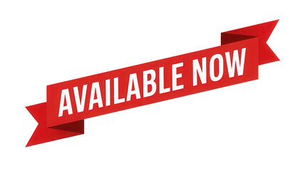 Red ribbon banner with white text announcing available now isolated on transparent background