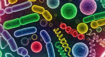 Colorful microscopic view of various bacteria and microorganisms