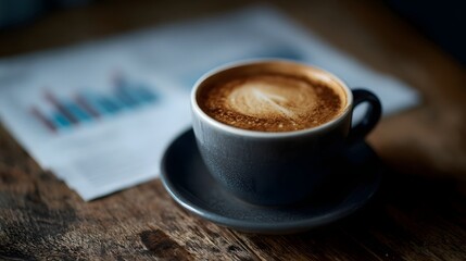 A dark grey cup of coffee with intricate latte art rests on a saucer next to a blurred financial report with charts on a rustic wooden table