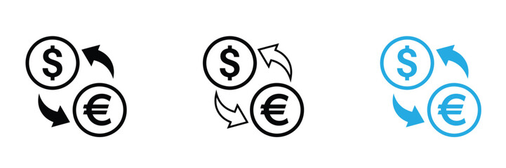 Currency exchange icons of dollar and euro, perfect for illustrating global business, trade, and financial concepts. Available in black and blue for design flexibility.
