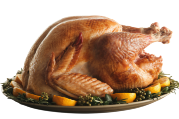 A golden-brown roasted whole turkey, beautifully garnished with fresh lemon, fragrant rosemary, and green peppercorns, presented on a platter. background removed