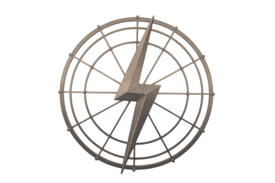 A weathered, metallic lightning bolt symbol is centrally placed within an intricate circular grid frame, conveying power and energy. background removed - Powered by Adobe