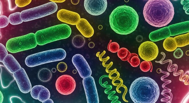 Colorful microscopic view of various bacteria and microorganisms