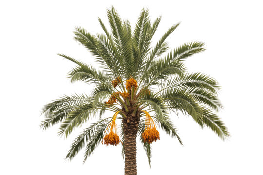 A vibrant date palm tree stands tall, laden with clusters of ripe orange dates and lush green fronds, isolated against a clean background. background removed