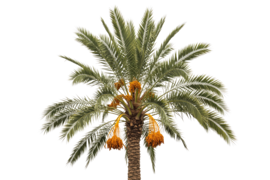 A vibrant date palm tree stands tall, laden with clusters of ripe orange dates and lush green fronds, isolated against a clean background. background removed