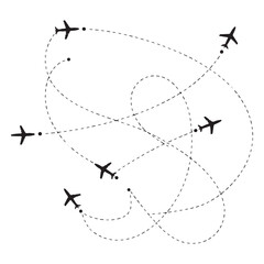 Line path vector icons of an airplane flight routes with start point and dash line trace vector
