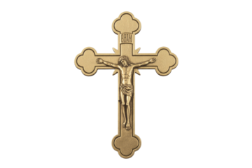 A golden Orthodox crucifix featuring Jesus Christ, intricately detailed against a transparent background. The cross has decorative clover-like ends and Cyrillic inscription 'BBAM'. background removed